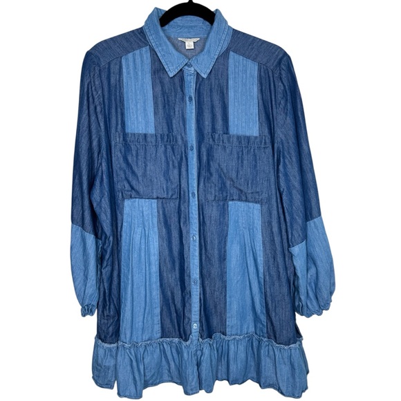 Cato womens L Button down ruffle patchwork denim shirt dress preppy western boho - Picture 1 of 7